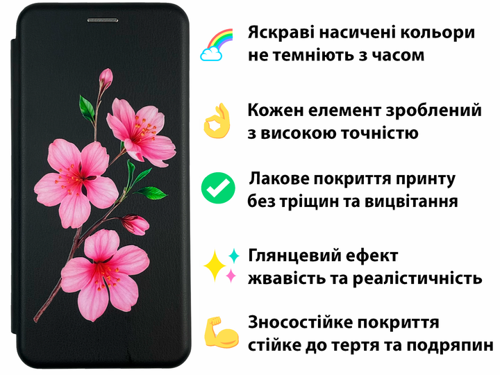 Чехол книжка с 3D принтом сакуры для ZTE Blade V2020 Smart (8010) из экокожи с подставкой и магнитом черная - изображение 2