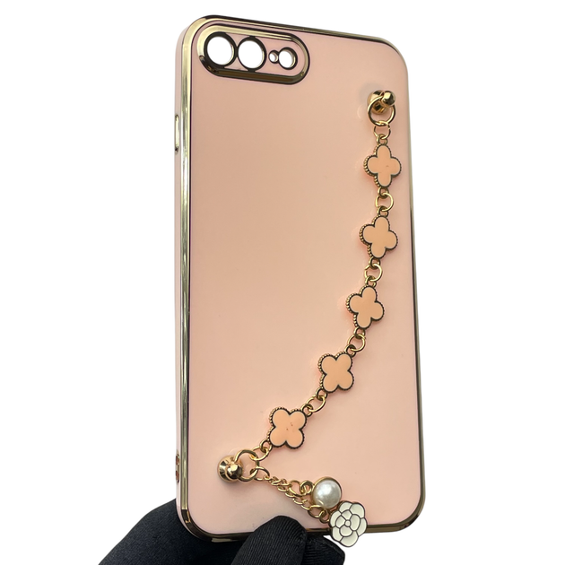 Чохол для телефона Apple iPhone 8 Plus жіночій із ремінцем на подарунок з прикрасами та золотою окантовкою пудровий - Фото 2 Чохол для телефона Apple iPhone 8 Plus жіночій із ремінцем на подарунок з прикрасами та золотою окантовкою пудровий - зображення 2