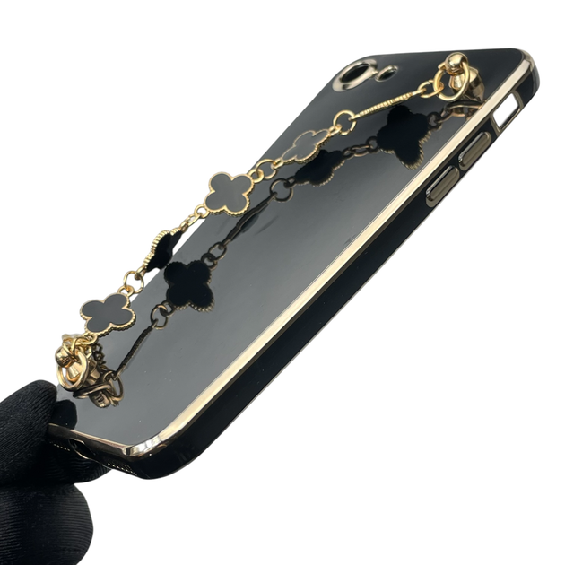 Чохол для телефона Apple iPhone 8 жіночій із ремінцем на подарунок з прикрасами та золотою окантовкою чорний - зображення 4