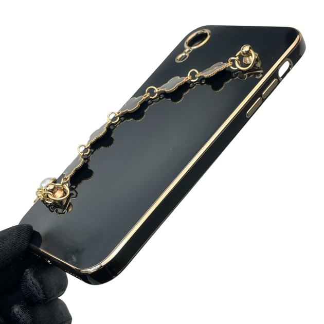 Чохол для телефона Apple iPhone Xr жіночій із ремінцем на подарунок з прикрасами та золотою окантовкою чорний - зображення 4