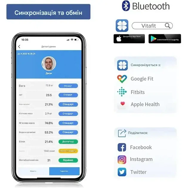 Разумные весы Vitafit с Bluetooth и приложением на телефон; анализ состава тела: жир, мышцы, ИМТ, белок - изображение 4