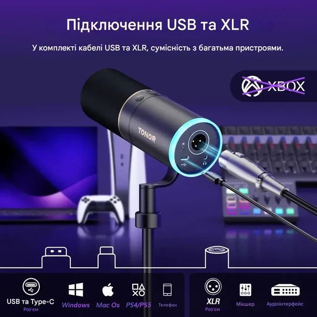 Игровой микрофон TONOR TD520S, динамический, USB/XLR, RGB-подсветка, мониторинг без задержки - изображение 7
