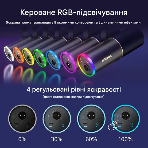 Игровой микрофон TONOR TD520S, динамический, USB/XLR, RGB-подсветка, мониторинг без задержки - изображение 8