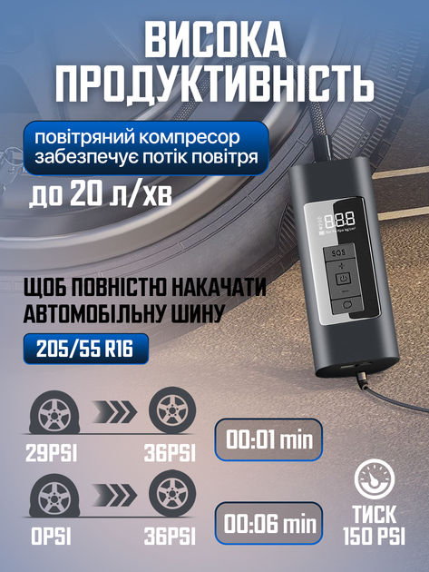 Автокомпресор портативний автомобільний компресор для авто підкачки шин і коліс автомобіля мотоцикла велосипеда акумуляторний з функцією Power bank автокомпресори на акумуляторі в машину мото вело компресори SBTR - зображення 2