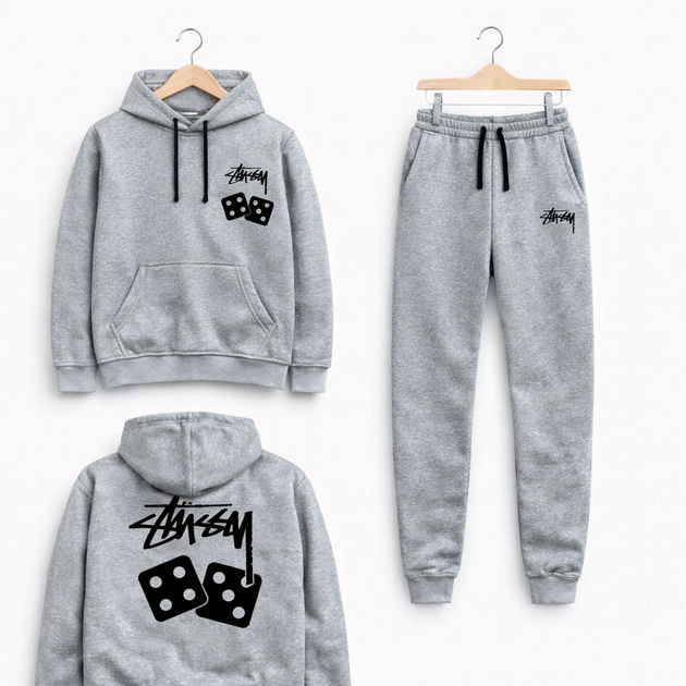 Чоловічий спортивний комплект худі, колір сірий, Stussy Dice, розмір L - Фото 1 Чоловічий спортивний комплект худі, колір сірий, Stussy Dice, розмір L - изображение 1