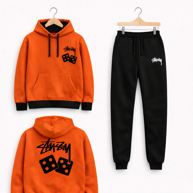 Чоловічий спортивний комплект худі, колір помаранчево-чорний, Stussy Dice, розмір L - Фото 1 Чоловічий спортивний комплект худі, колір помаранчево-чорний, Stussy Dice, розмір L - изображение 1