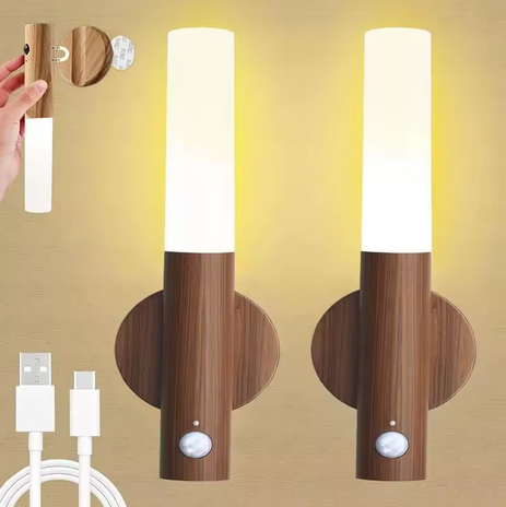 Светильник LED W-52 настенный с датчиком движения, под дерево Induction lamp, аккумуляторная лампа-ночник с теплым светом, магнитным креплением и USB-зарядом, для спальни, коридора, кухни Темное дерево - изображение 8