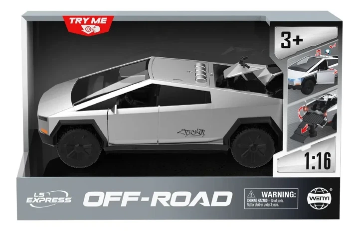 Дитяча машинка інерційна з ефектами та квадроциклом Tesla Cybertruck Тесла Кібертрак Off-Road Сірий - Фото 3 Дитяча машинка інерційна з ефектами та квадроциклом Tesla Cybertruck Тесла Кібертрак Off-Road Сірий - зображення 3