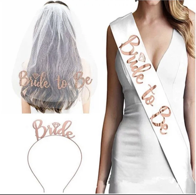 Набір весільний для нареченої Bride to be рожеве золото 3шт (фата, стрічка біла, обруч) + флеш-тату - Фото 2 Набір весільний для нареченої Bride to be рожеве золото 3шт (фата, стрічка біла, обруч) + флеш-тату - изображение 2