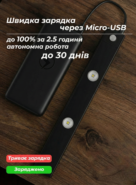 Лампа светодиодная с аккумулятором для кухни ванной комнаты коридора офиса датчиком движения ночник энергосберегающая настенная светильник автономная OnePro Черный 68600 - изображение 3