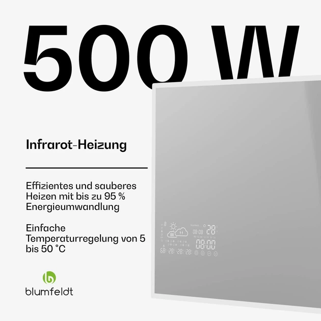 Инфракрасный обогреватель Blumfeldt ReflectiHeat Smart Настенный обогреватель-зеркало 500 Вт - изображение 3