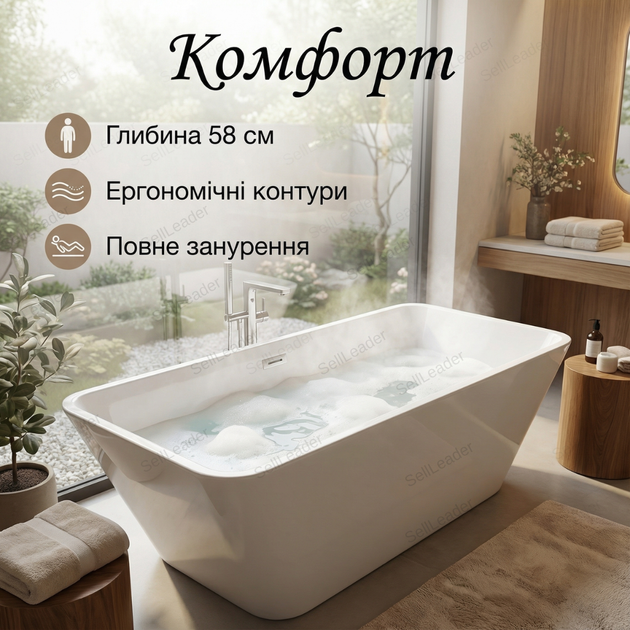 Ванна акриловая отдельностоящая Insana BS - Liza 170x75х58 см для отеля дома SPA чаша овальная белая - изображение 6