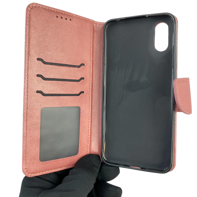 Чохол-книжка для телефона Xiaomi Redmi 9A шкіряна з магнитною застібкою із відділенням для карток рожева - Фото 4 Чохол-книжка для телефона Xiaomi Redmi 9A шкіряна з магнитною застібкою із відділенням для карток рожева - зображення 4