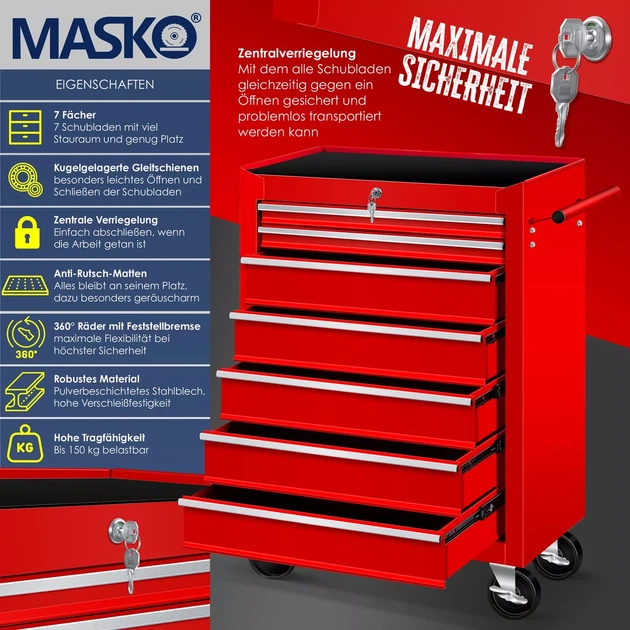 Инструментальная тележка Masko для мастерской 770 x 335 x 690 мм Металлический шкаф (7 ящиков) - Фото 4 Инструментальная тележка Masko для мастерской 770 x 335 x 690 мм Металлический шкаф (7 ящиков) - изображение 4