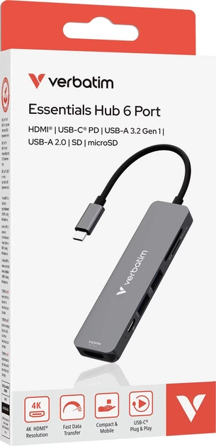 Hub USB Verbatim USB-C Essentials Multiport Hub 6 Port Grey (0023942321569) - obraz 4