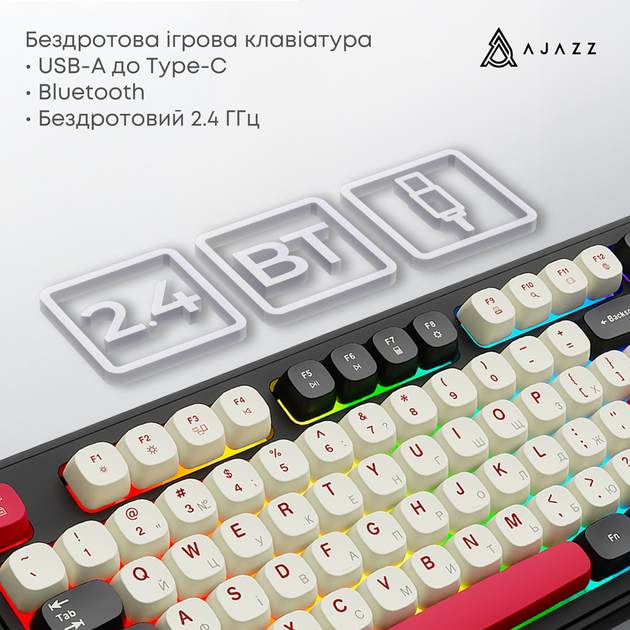 Клавиатура беспроводная Ajazz AF98 Plus Wireless/Bluetooth/USB Black-White-Red (AF98-PLUS-BSR) - Фото 7 Клавиатура беспроводная Ajazz AF98 Plus Wireless/Bluetooth/USB Black-White-Red (AF98-PLUS-BSR) - изображение 7