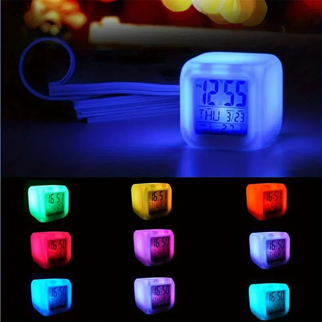 Часы-куб Хамелеон RGB, будильник, термометр, подсветка от касания, белый - изображение 7