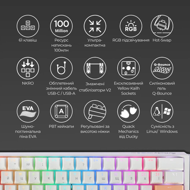 Механічна клавіатура Ducky One 3 Mini Cherry MX Brown RGB White UA - изображение 13