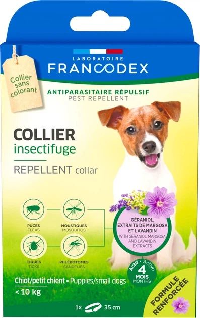 Laboratoire Francodex repellent collar нашийник з репелентною дією від бліх і кліщів для цуценят і собак малих порід (вагою 2-10 кг) з гераніолом, 35 см - зображення 2