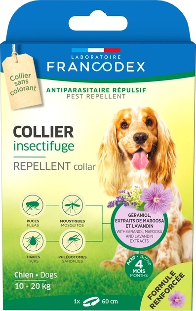 Laboratoire Francodex repellent collar нашийник з репелентною дією від бліх і кліщів для собак середніх порід (вагою 10-20 кг) з гераніолом, 60 см - Фото 2 Laboratoire Francodex repellent collar нашийник з репелентною дією від бліх і кліщів для собак середніх порід (вагою 10-20 кг) з гераніолом, 60 см - изображение 2