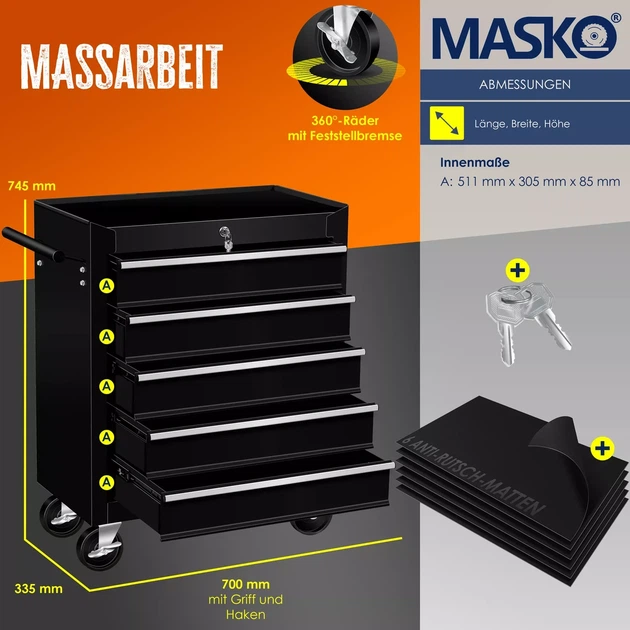 Инструментальная тележка Masko для мастерской 770 x 335 x 690 мм Металлический шкаф (5 ящиков) - изображение 2