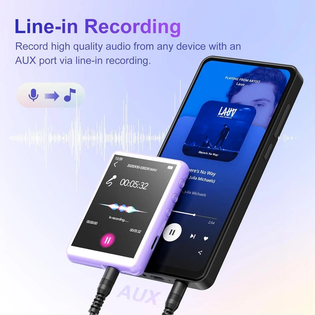 Hi-Fi MP3 плеер MECHEN M3 - 64GB, Bluetooth 5.3, сенсорный экран 2,4 дюйма, внешний динамик, FM,чехол, защитное стекло Purple - изображение 7