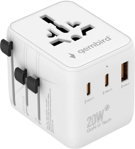 Ładowarka sieciowa Gembird Travel Power Adapter 20W 1 x USB-A + 2 x USB-C White (TPA-1A2C20-01-W) - obraz 5