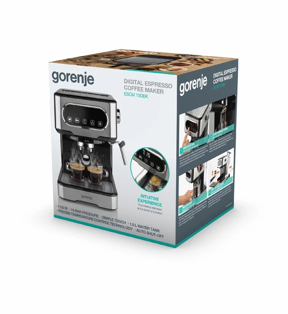 Электрическая кофеварка рожковая эспрессо объемом 1.5 л Gorenje ESCM15DBK настольная кофемашина с ручным капучинатором для молотого кофе из нержавеющей стали для кофе дома 1100 Вт Серебристый с черным - изображение 10