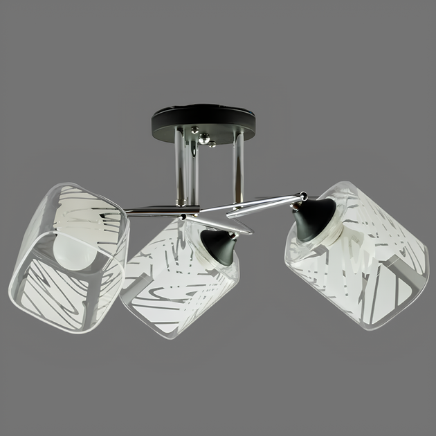 Люстра потолочная на три прозрачных плафона с узорами под лампы Е27 каркас черный/хром Svet SR-A2957/3 CR+BK - изображение 2