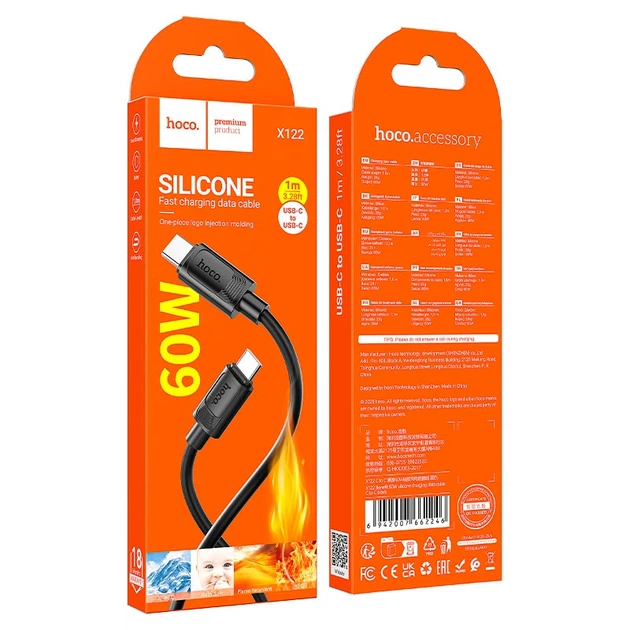 Кабель HOCO C to C Benefit 60W silicone charging data cable X122 |1m, 60W| Black - изображение 5