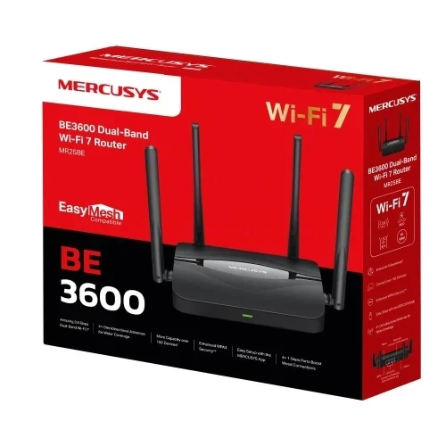 Роутер Mercusys MR25BE, черный, WiFi 7 (5GHz до 2880 MB/s / 2.4GHz до 688 MB/s), 3xGLan, 1xGWan, MLO, 4 внешних антенн - Фото 1 Роутер Mercusys MR25BE, черный, WiFi 7 (5GHz до 2880 MB/s / 2.4GHz до 688 MB/s), 3xGLan, 1xGWan, MLO, 4 внешних антенн - изображение 1