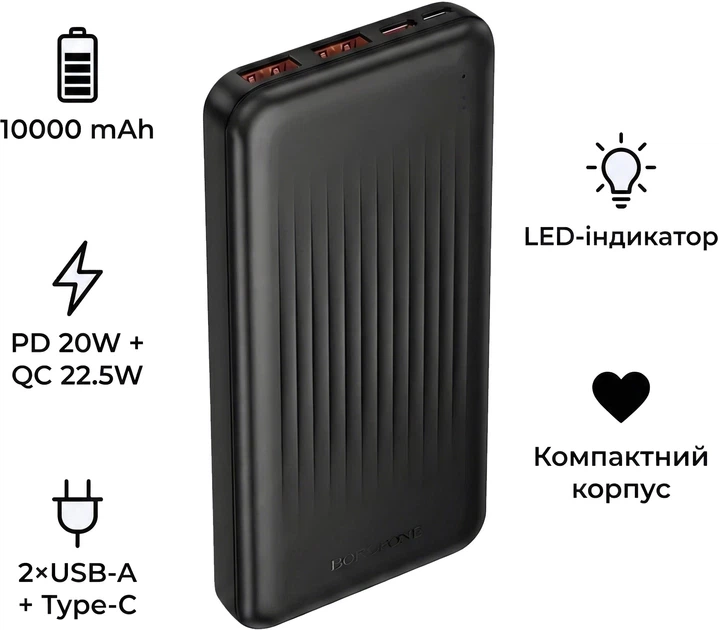 УМБ Borofone BJ80 Clever 10000 mAh PD20W/QC22.5W Black (BC_714788) - зображення 3