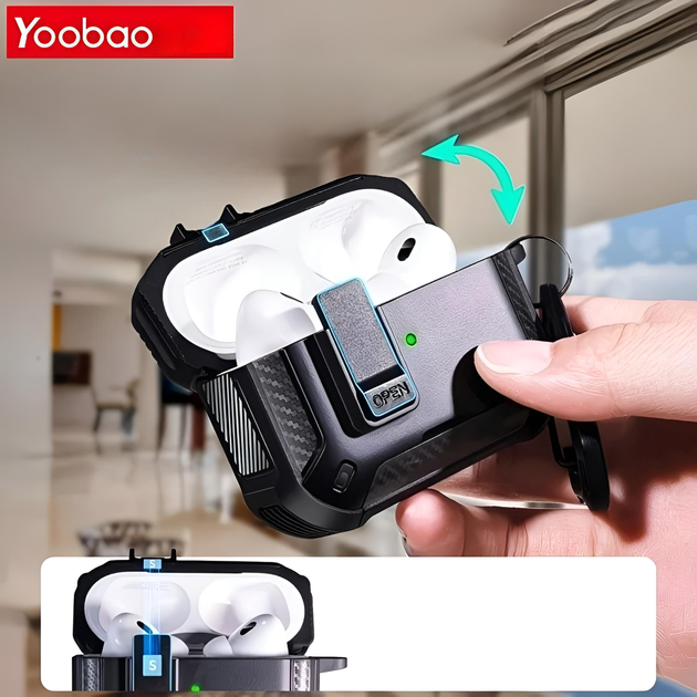 Чохол Yoobao для AirPods Pro 2 з карабіном, клямкою та підставкою, чорний - зображення 5