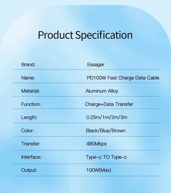 Кабель 1м Essager Type-C - Type-C PD 100W 20V 5A швидка зарядка для ноутбуків MacBook смартфонів PD3.0 QC4.0 - Фото 5 Кабель 1м Essager Type-C - Type-C PD 100W 20V 5A швидка зарядка для ноутбуків MacBook смартфонів PD3.0 QC4.0 - зображення 5