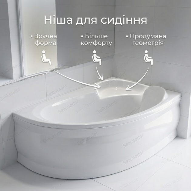 Ванна угловая Swan Bianka R 155×95 см акриловая асимметричная правая с сиденьем ножками и экраном для дома - изображение 6