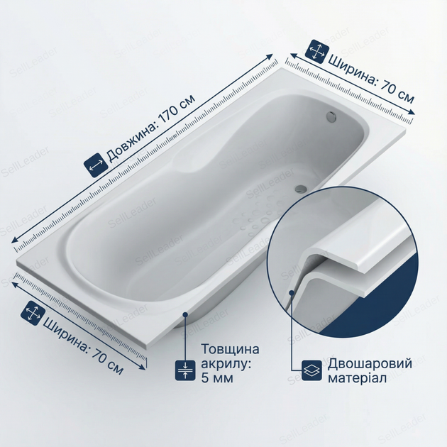 Ванна акриловая Swan Eva 170x70 см прямоугольная антискользящее дно с ножками для дома хостела гостиницы 5 мм - изображение 3