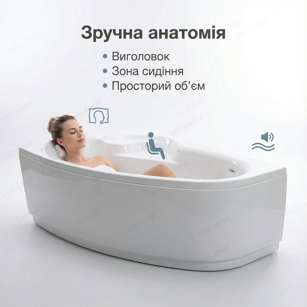 Ванна акриловая Karina L 150x100см левая угловая с сиденьем асимметричная для дома с панелью и ножками - изображение 6