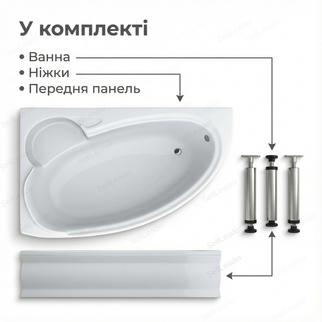 Ванна Swan Adele 170x110см левая акриловая с сиденьем угловая антискользящая без ножек и обшивки для дома спа - изображение 9
