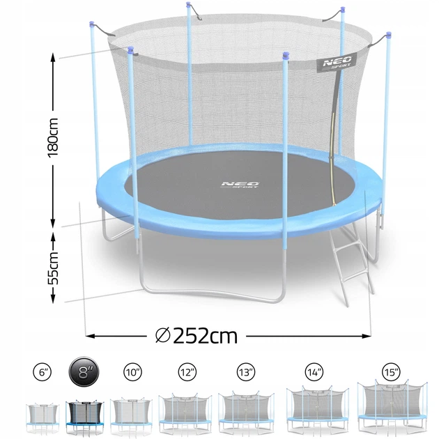 Trampolina ogrodowa Neo Sport NS-08W181 z siatką wewnętrzną i drabinką 252 cm Niebieska (5908220479055) - obraz 2