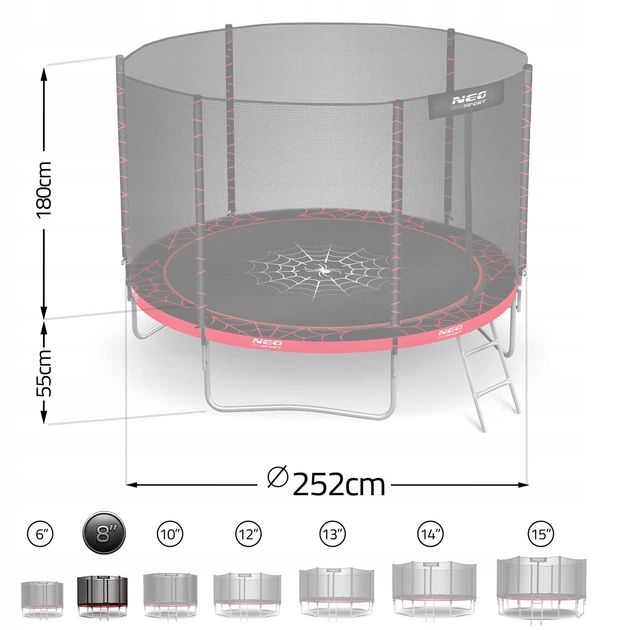 Trampolina ogrodowa Neo Sport NS-08Z241 z siatką wewnętrzną i drabinką 252 cm Czerwona (5903890625726) - obraz 2
