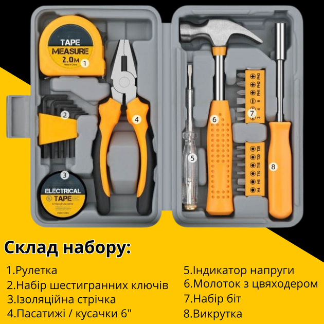 Набор ручных инструментов 24 предмета:плоскогубцы, молоток, отвертка, рулетка, индикатор напряжения, шестигранники, изолента mod.21016 - Фото 2 Набор ручных инструментов 24 предмета:плоскогубцы, молоток, отвертка, рулетка, индикатор напряжения, шестигранники, изолента mod.21016 - изображение 2