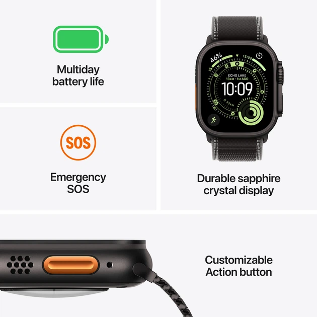 Smartwatch Apple Watch Ultra 3 GPS + Cellular 49mm Black Titanium Case with Black Alpine Loop - S (MF0Q4) - obraz 3