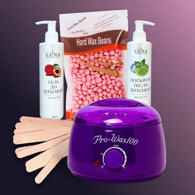 Набір для депіляції, воскоплав банковий Pro Wax Purple, Віск 300 г, Шпателі, засіб До та Після депіляції - Фото 1 Набір для депіляції, воскоплав банковий Pro Wax Purple, Віск 300 г, Шпателі, засіб До та Після депіляції - зображення 1