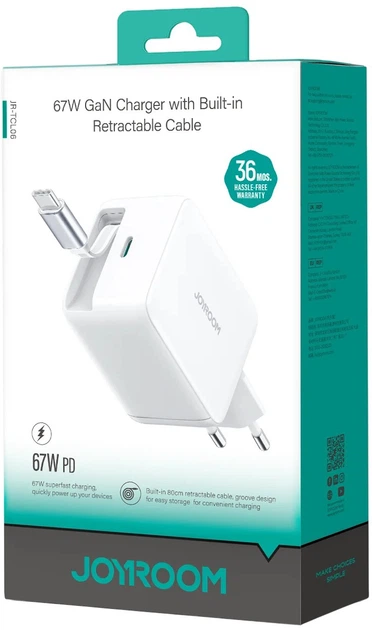 Мережевий зарядний пристрій JOYROOM JR-TCL06 67W GaN USB-C White (6956116771140) - зображення 2