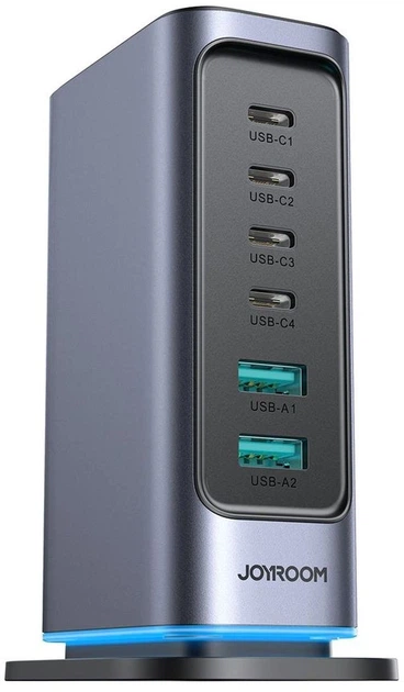 Настільний зарядний пристрій JOYROOM JR-TCM02 GaN 65 W 4 x USB-C + 2 x USB-A UK plug  Black-Grey (6956116795535) - зображення 2