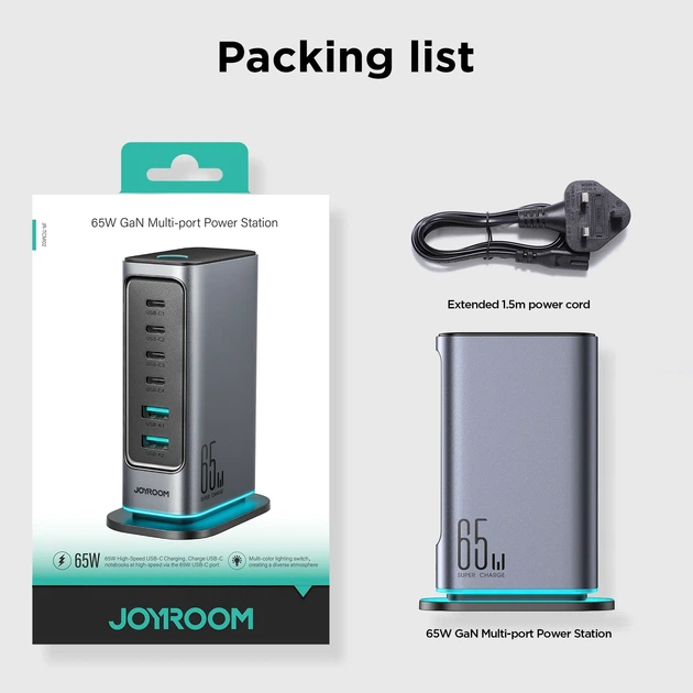 Настільний зарядний пристрій JOYROOM JR-TCM02 GaN 65 W 4 x USB-C + 2 x USB-A UK plug  Black-Grey (6956116795535) - зображення 7