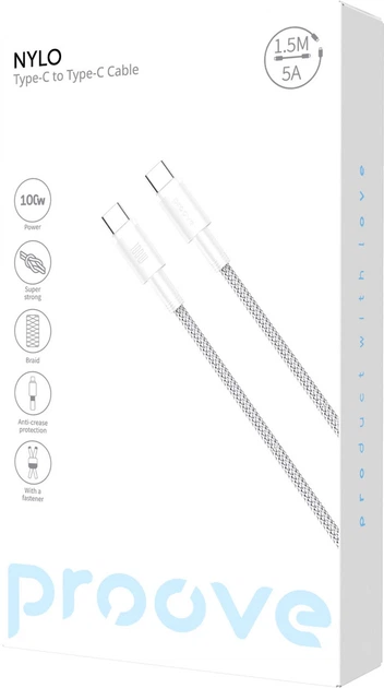 Kabel Proove Nylon Type-C - Type-C 100W 1.5m White (CCPN11002202) - obraz 2