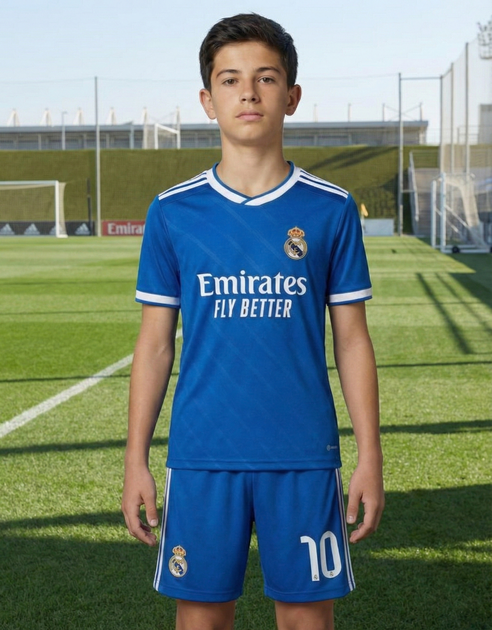 Дитяча футбольна форма Real Madrid Кіліан Мбаппе №10, синя футболка+шорти 28(145-150см) - Фото 1 Дитяча футбольна форма Real Madrid Кіліан Мбаппе №10, синя футболка+шорти 28(145-150см) - зображення 1