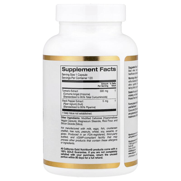 Куркумін з біоперином California GOLD Nutrition "Curcumin C3 Complex" комплекс куркуми з екстрактом чорного перцю BioPerine, підвищена біодоступність, 505 мг (120 рослинних капсул) - зображення 2
