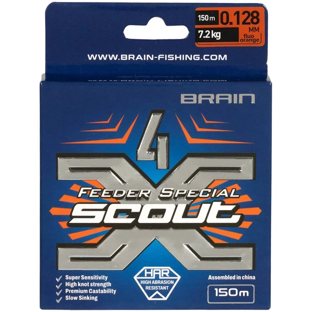 Шнур Brain Scout 4X 150m (fluoro Orange) 0.128mm 7.2kg - Фото 2 Шнур Brain Scout 4X 150m (fluoro Orange) 0.128mm 7.2kg - изображение 2